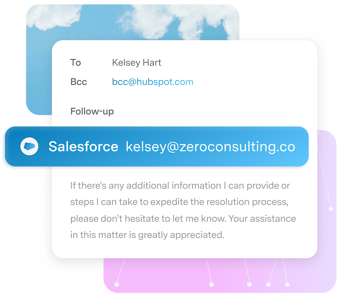 Email to Kelsey Hart, Bcc'd to HubSpot, with a Salesforce banner showing it's being logged to kelsey@zeroconsulting.co's CRM record.