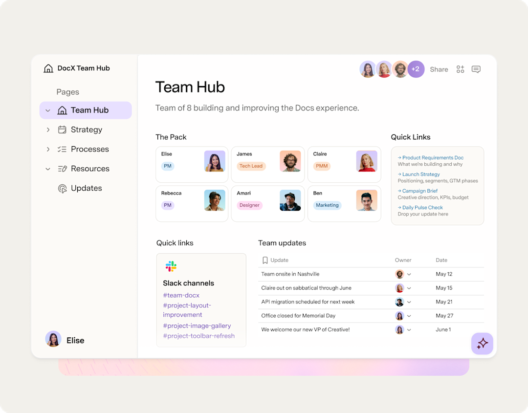 Team hub view in docs