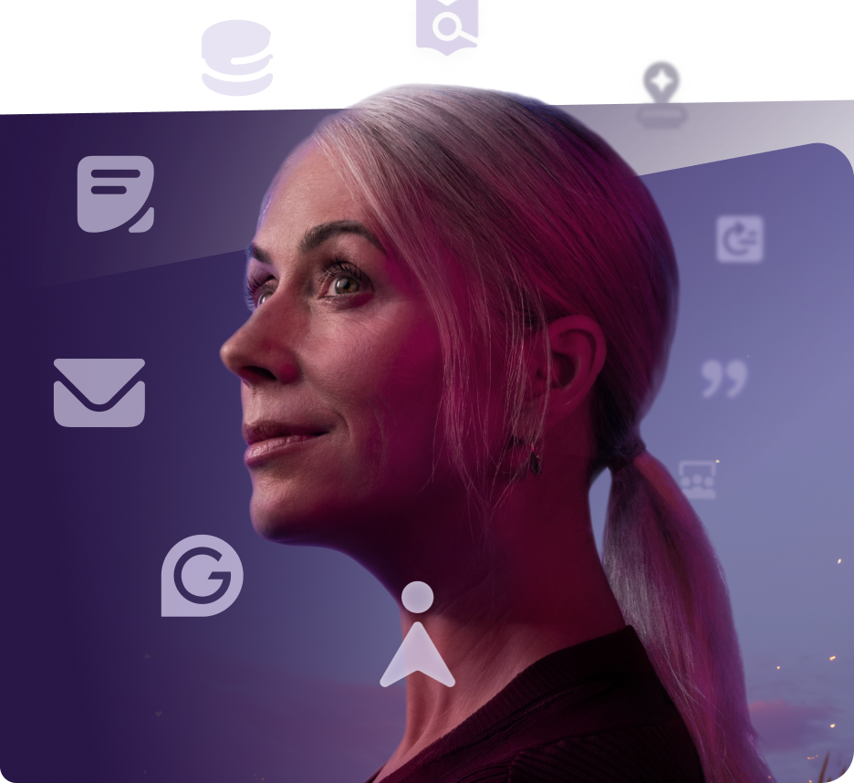 Person looking to the left surrounded by Logamail product suite