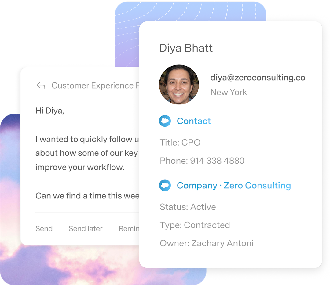 CRM contact card for Diya Bhatt (CPO at Zero Consulting) overlaid on an email draft to her about a customer experience follow-up.